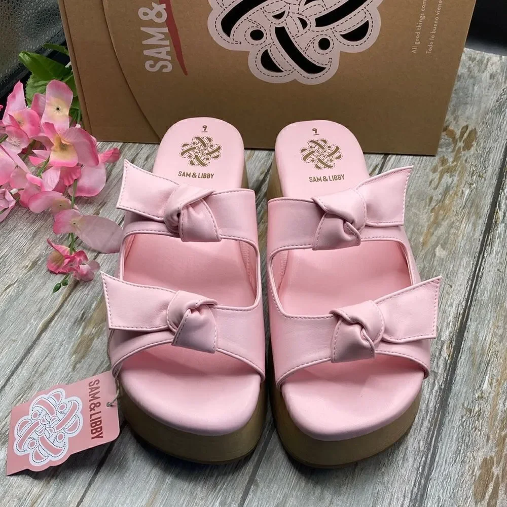 Sam & Libby Pink Platform Double Bow Tie Comfy Dress Sandals Shoes Size 9